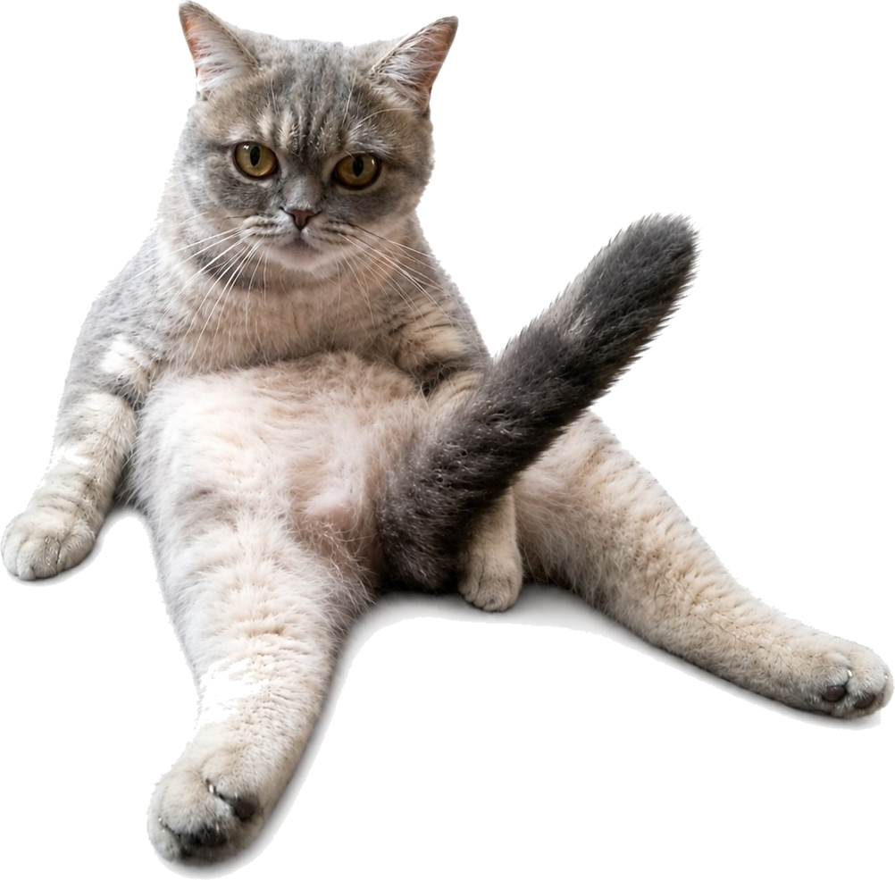 catwifwood: a grey British Shorthair sitting with its legs splayed and its tail up